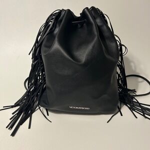 Victorias Secret Purse Black Fringe Backpack Cinch‎ Bag Festival Western Biker